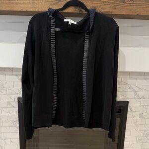 Sioni Black Women's open front Cardigan with faux leather Ruffle Trim